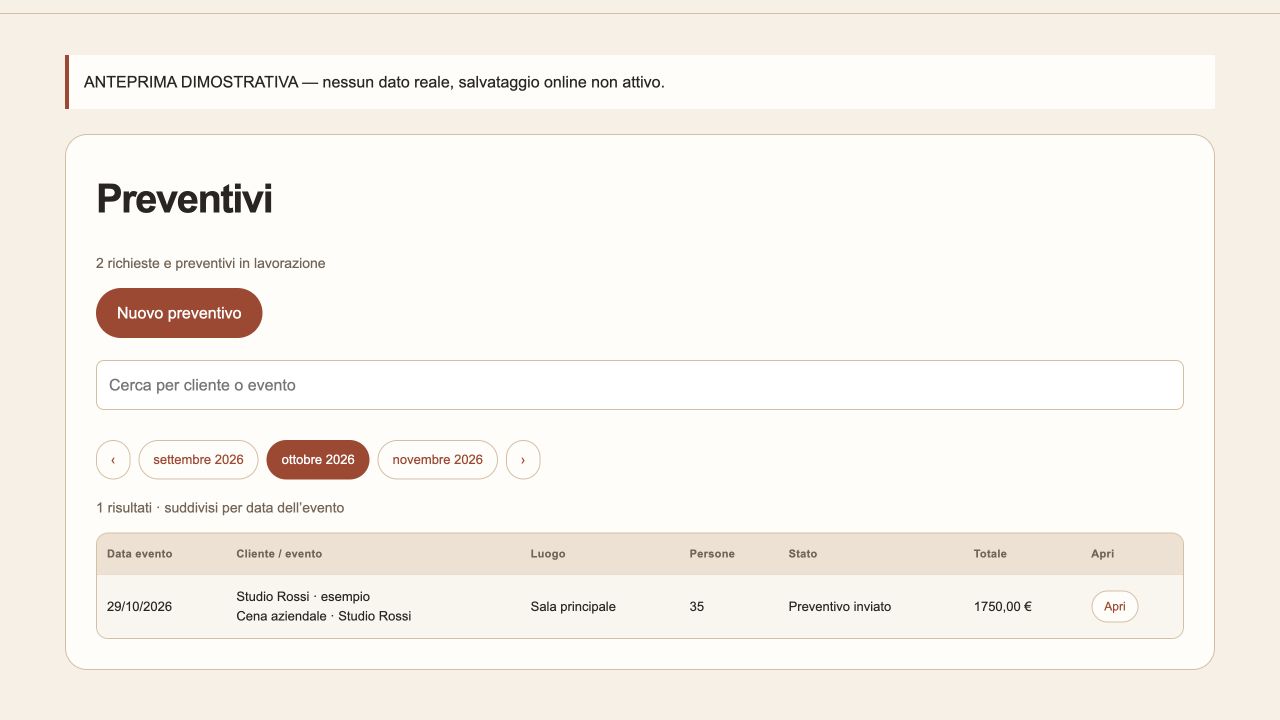 ENVIAA interface in Italian with sample data: search quotes by client, filter by month and review event details, guests, status and price.